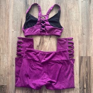Onzie Purple Heather Workout Set, Mid Length Legging and Sports Bra with Cutouts